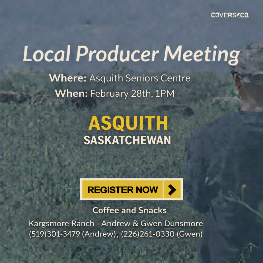 Join us at the Local Producer Meeting in Asquith, Saskatchewan for an afternoon focused on real-world cover crop strategies and soil health insights. The session will be led by Chance Rothwell, North Saskatchewan Territory Manager with Covers & Co, where he works directly with producers across the region on cover crop planning, species selection, and on-farm implementation based on field experience. Chance is also a mixed farm operator in the Shellbrook area, bringing firsthand experience with cover crops, grazing and forage systems to the discussion.

In this practical conversation, Chance will cover how diverse cover crop blends can improve soil structure, enhance nutrient cycling, and support grazing and forage production, drawing on local trials and producer examples. Expect straightforward, field-tested tips — what’s working on farms, common challenges producers face, and how to make cover crops fit into your rotation without overcomplicating your management plan.

Whether you’re new to cover crops or already experimenting, this meeting offers useful takeaways, producer questions and experience sharing, plus coffee, snacks and networking opportunities.
