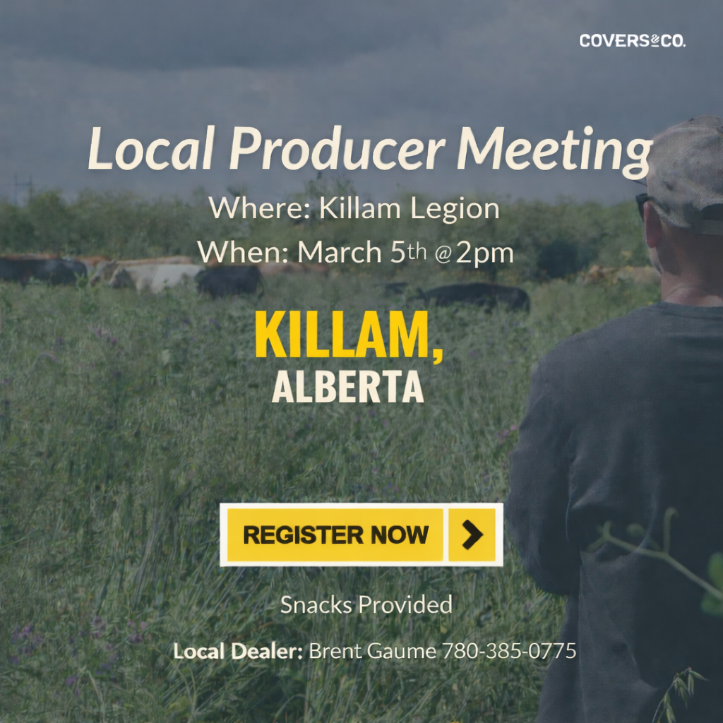 Join us at the Killam Legion for a practical discussion with Joe Gardiner from Covers & Co.

Joe will focus on how cover crops can be integrated into local farming operations to improve soil structure, enhance moisture management, and create additional grazing opportunities. He’ll discuss species selection, establishment strategies, and realistic expectations under Alberta growing conditions.

This session is designed to be straightforward and practical — covering what’s working in the field, common challenges producers face, and how cover crops can fit into existing crop and livestock systems without adding unnecessary complexity.

Snacks will be provided.