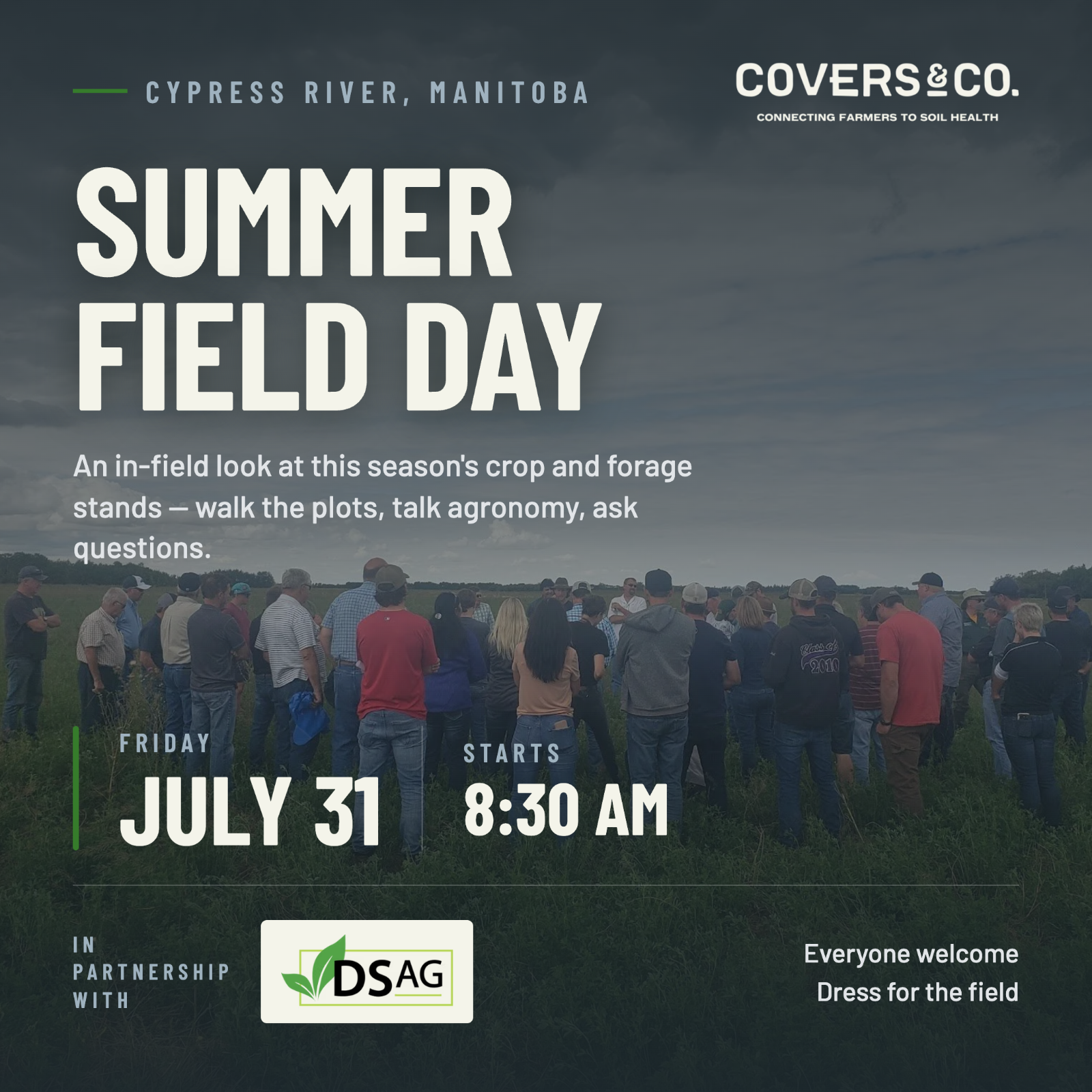 Summer Field Day is this Friday at Cypress River.

We're walking this season's crop and forage stands with DSAG. Come see what's standing, ask the questions you'd ask at the coffee shop, and get a look at how the plots came through the season.

Friday, July 31. Starts 8:30 AM.
Everyone welcome. Dress for the field.

Register below.